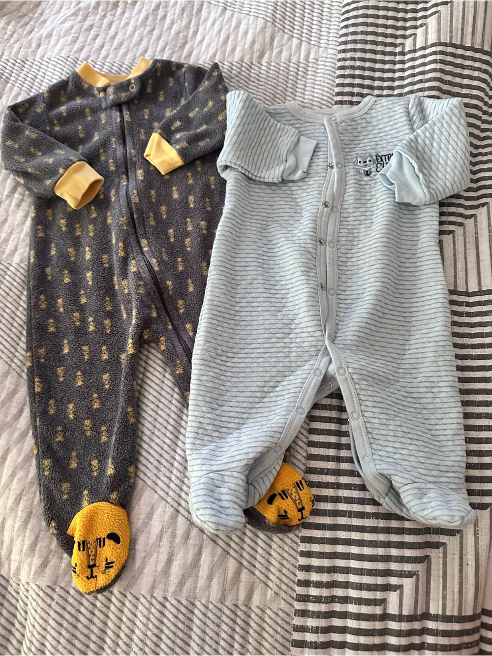 Rene Rofe Light Blue & Charcoal Footed Baby One-Pieces (Pair)